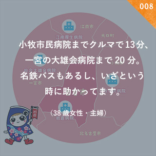 小牧市民病院までクルマで13分、一宮の大雄会病院まで20分。名鉄バスもあるし、いざという時に助かってます。