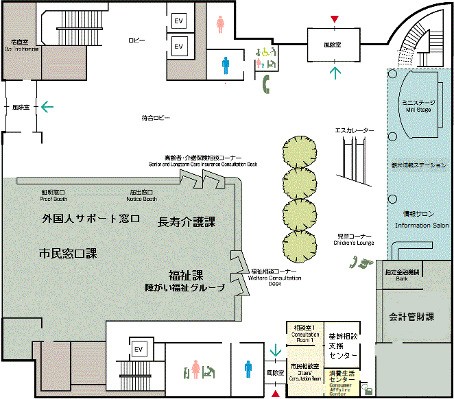 1階の見取り図　市民窓口課・長寿介護課・福祉課障がい福祉グループ・会計管財課・指定金融機関