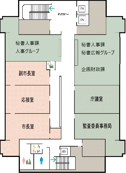 5階の見取り図　市長室・副市長室・秘書人事課・企画財政課・監査委員事務局