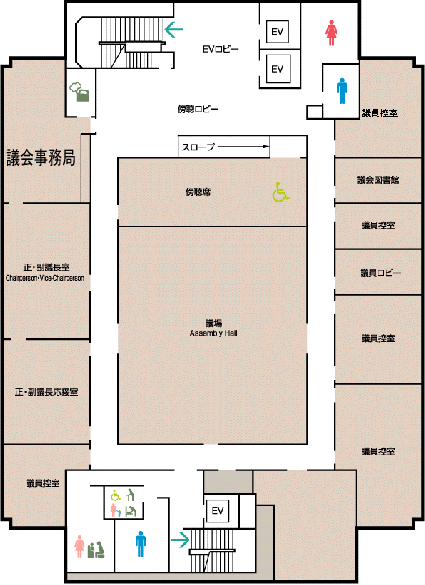 8階の見取り図　議場・正副議長室・議会事務局